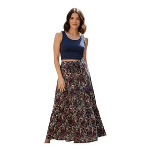 Women's Vintage Espresso Viscose Skirt Colorful Floral Print Below Knee Size M